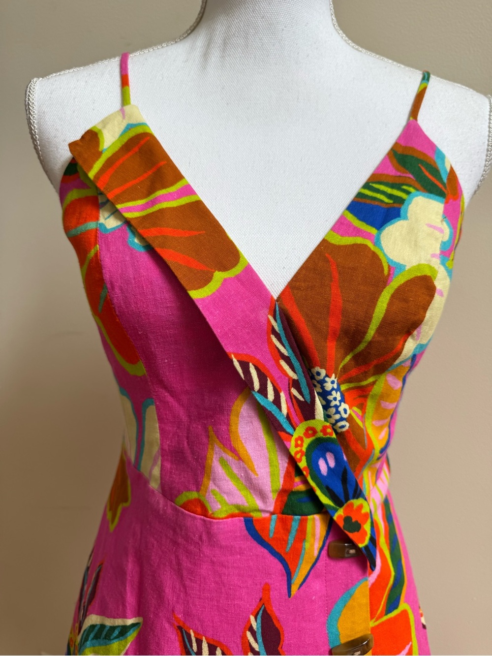 FARM Rio Pink Linen Floral Wrap-Style Mini Dress - Picture 3 of 9